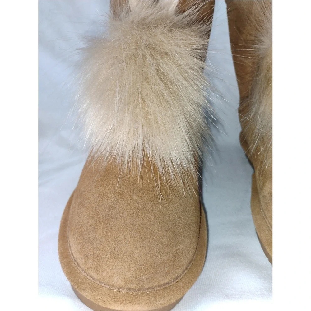 Bearpaw Suede Boots with Fur Pom Pom Detail - Women's‎ Winter Ankle Boots